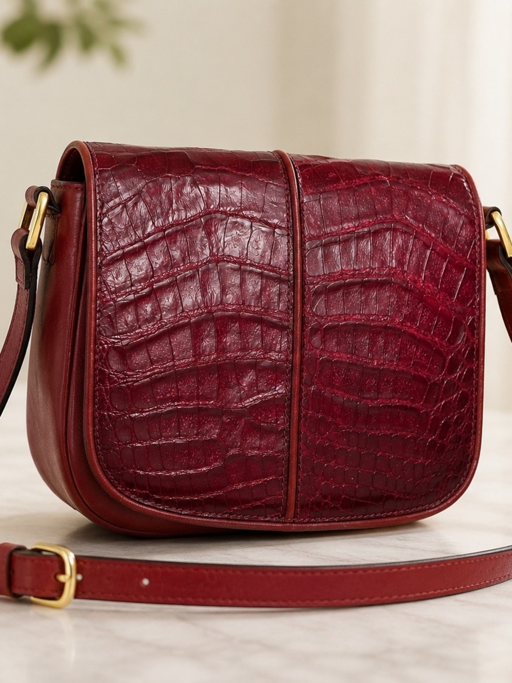 Red Vintage crocodile/alligator-front shoulder Bag
